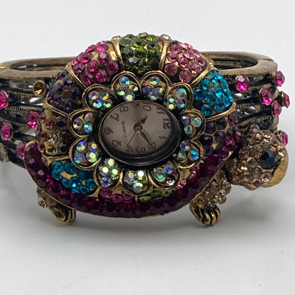 Turtle Womens Watch Brass Tone Rainbow Crystals READ Hinged Cuff New Battery 7"